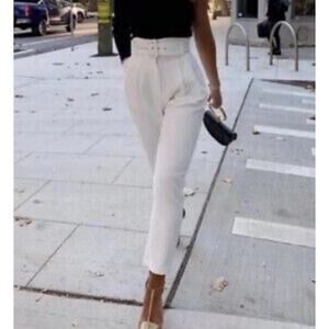 Zara High Waisted Belted Cream Pants Size S NWT